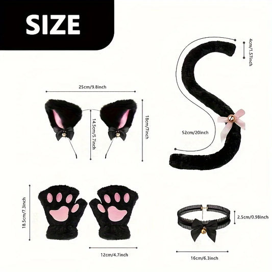 5Pcs Sets Cat Paw Gloves Winter Cute Cartoon Girl Open Finger Gloves Bell Headband Fox Cat Ear Headwear
