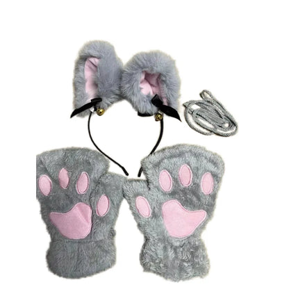 5Pcs Sets Cat Paw Gloves Winter Cute Cartoon Girl Open Finger Gloves Bell Headband Fox Cat Ear Headwear